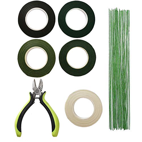 KINDPMA 5Pcs Cinta Floral Verde Tape Floral 27M 100Pcs Alambre Floral 60CM con Un Alicate de Alambre Florista Kit de Arreglos Florales para Romos de Flores