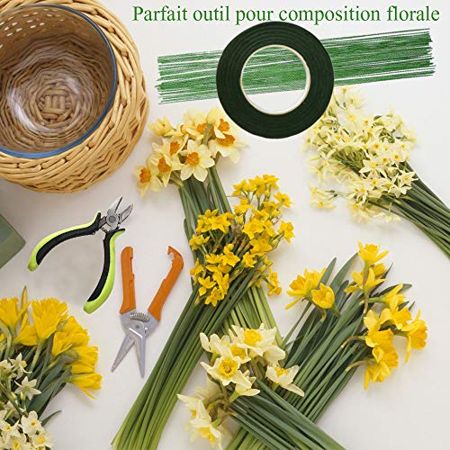KINDPMA 5Pcs Cinta Floral Verde Tape Floral 27M 100Pcs Alambre Floral 60CM con Un Alicate de Alambre Florista Kit de Arreglos Florales para Romos de Flores