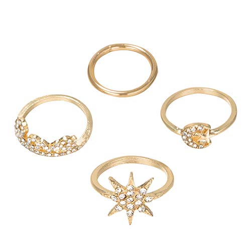 Kingus - Juego de 4 anillos para mujer, diseño de estrellas frescas y lunas, letras inglesas, aleación, accesorios de joyería
