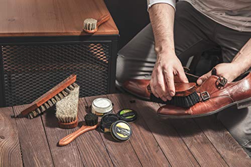 Kit Cuidado de Zapatos de Pelo Puro de Crin - Set de Pulido Nutrición Brillo de Calzado y Botas de Piel - Crema de Calzado de Base Acuosa Kaps y Cepillos Langlauf - 8 piezas de primera calidad