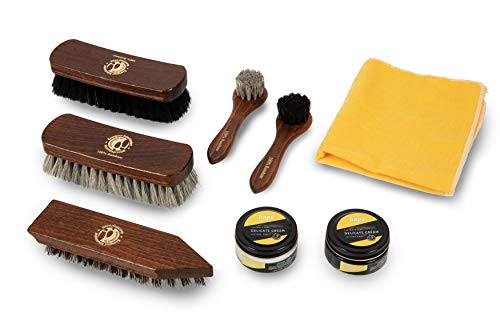 Kit Cuidado de Zapatos de Pelo Puro de Crin - Set de Pulido Nutrición Brillo de Calzado y Botas de Piel - Crema de Calzado de Base Acuosa Kaps y Cepillos Langlauf - 8 piezas de primera calidad