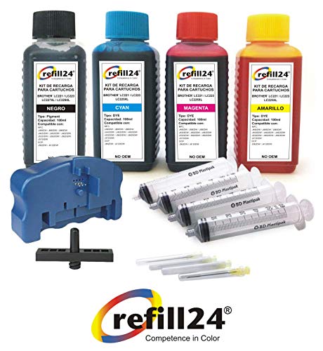 Kit de Recarga para Cartuchos de Tinta Brother 221, 223, 225XL, 227XL, 229XL Negro y Color, Incluye reseteador, Adaptador y Accesorios + 400 ML Tinta