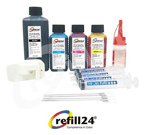 Kit de Recarga para Cartuchos de Tinta Brother LC3211, LC3213, LC 3217, LC3219 Negro y Color. Incluye reseteador y Accesorios + 550 ML de Tinta