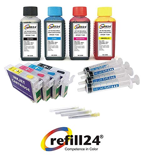 Kit de Recarga para Cartuchos de Tinta Compatible con Epson T1281-T1284 Negro y Color + Cartuchos Recargables y Accesorios + 400 ML Tinta
