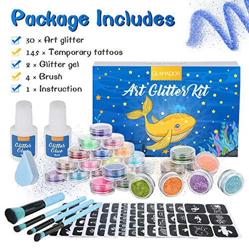 Kit de Tatuajes Temporales-GLAMADOR Brillo de Tatuaje 30 Colores, 145 Únicas Plantillas,4 Pinceles-Impermeable,No Tóxico para Cara y Cuerpo-Perfecto para Niños,Carnaval,Fiestas Cumpleaños,Eventos