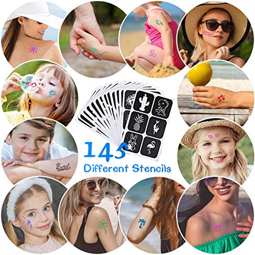 Kit de Tatuajes Temporales-GLAMADOR Brillo de Tatuaje 30 Colores, 145 Únicas Plantillas,4 Pinceles-Impermeable,No Tóxico para Cara y Cuerpo-Perfecto para Niños,Carnaval,Fiestas Cumpleaños,Eventos