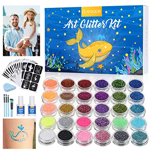 Kit de Tatuajes Temporales-GLAMADOR Brillo de Tatuaje 30 Colores, 145 Únicas Plantillas,4 Pinceles-Impermeable,No Tóxico para Cara y Cuerpo-Perfecto para Niños,Carnaval,Fiestas Cumpleaños,Eventos