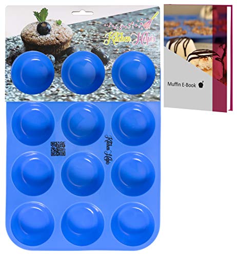 Kitchen Helpis® Molde de 12 Muffins, Bandejas para Hornear de Silicona, Magdalenas y Cupcake, Antiadherente, apto para lavavajillas, sin BPA | con el libro electrónico de recetas