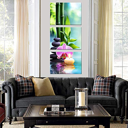 KKJJ Cuadro en Lienzo Buda Zen Piedras y Pensamientos de Bambú, 3 Piezas Cuadro Decoracion de Pared, HD Impresion en Calidad Fotografica, para Decoración Hogareña - Listo para Colgar,Framed,Size 1