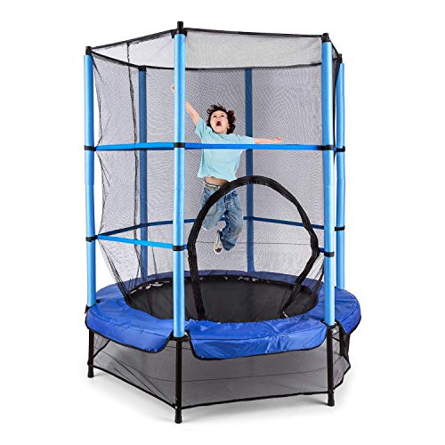 Klarfit Rocketkid Blue Edition - Cama eslástica, Cama elástica Infantil, A Partir de 3 años, 140 cm, Red de Seguridad, Suspensión de Cuerda elástica, Carga máx. 50 kg, Borde Acolchado, Azul
