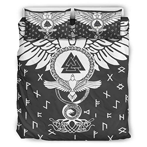 Knowikonwn Premium VIKINGS TATTOO Muninn Crow Ravens - Juego de cama de 3 piezas de almohada/funda de edredón y funda de edredón ultra suave, color blanco 2 228 x 228 cm