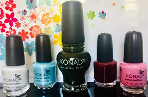 KONAD-Kit de 5 esmaltes para estampar: White, Sky, Moss Green 12ml, Dark Purple, Pink Pearl.