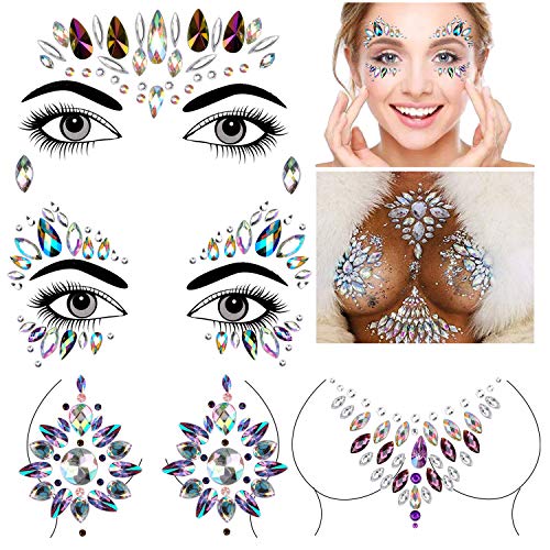Konsait 4 Sets Face Gem Stickers, Etiqueta engomada de diamantes de imitación Cara Joyas Pegatinas cara Cristales Tatuajes Temporales para Bindi Cuerpo Maquillaje Festival Fiesta