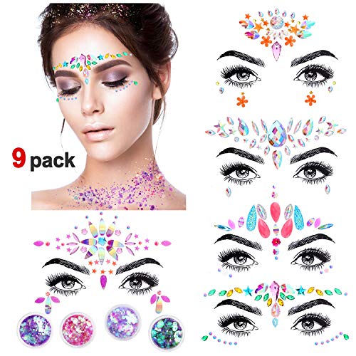 Konsait 9 Sets Face Gem Stickers, Sirena Pegatinas Cara Joyas cara Cristales Tatuajes Temporales con cara brillo para Bindi Cuerpo Maquillaje Festival Fiesta