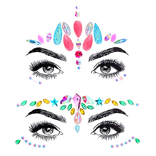 Konsait 9 Sets Face Gem Stickers, Sirena Pegatinas Cara Joyas cara Cristales Tatuajes Temporales con cara brillo para Bindi Cuerpo Maquillaje Festival Fiesta