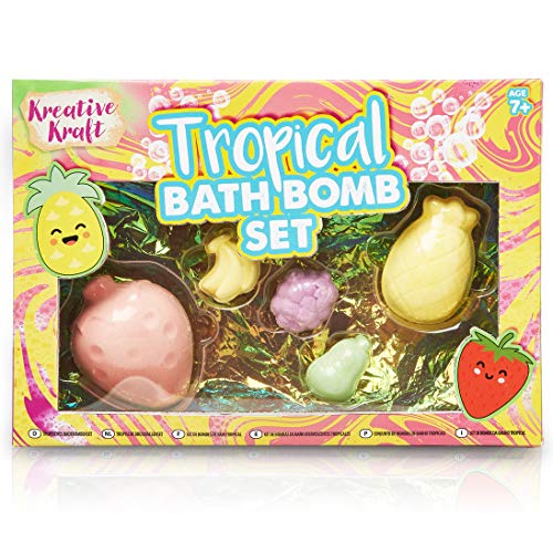 KreativeKraft Set de Bombas de Baño para Niños, Caja 5 Piezas Bomba Baño Efervescentes, Divertidas Frutas Tropicales Perfumadas, Baño Bebé Juguete, Regalo para Niñas y Adolescentes