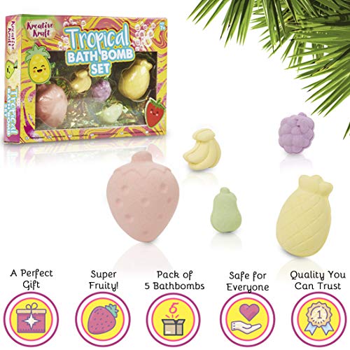 KreativeKraft Set de Bombas de Baño para Niños, Caja 5 Piezas Bomba Baño Efervescentes, Divertidas Frutas Tropicales Perfumadas, Baño Bebé Juguete, Regalo para Niñas y Adolescentes