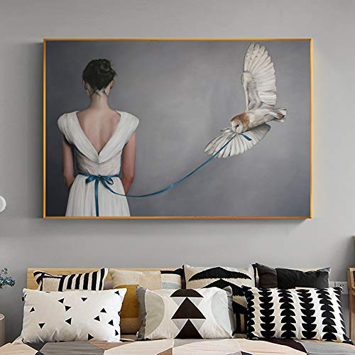 KWzEQ Imprimir en Lienzo Bird and Girl Wall Art Imagen Decorativa decoración del hogar Sala de Estar sofá decoración de la pared60x90cmPintura sin Marco