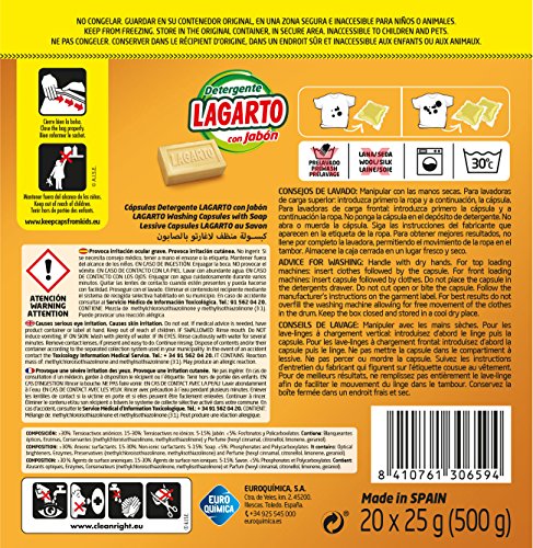 Lagarto Bolsa Detergente en Capsulas - Al Jabón - Pack de 3 x 20 Lavados