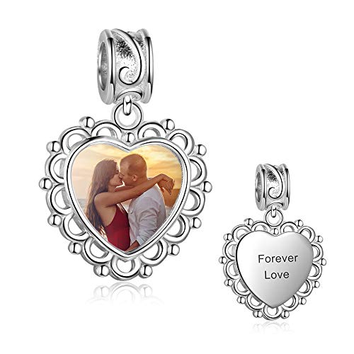Lam Hub Fong Charm Pulsera de Foto Abalorio Personalizado Charm Corazones con Grabado Libre Plata de Ley 925 Regalo para Aniversario para Mujer Niña