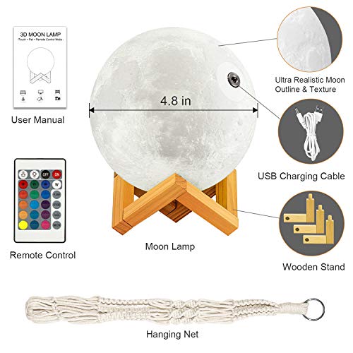 Lámpara de Luna 3D,16 Colores RGB Luz Nocturna Luna LED Lampara Luna - 12cm Remoto Tactil Control USB Intensidad Elegir Luz de Noche Ambiente Lámparas