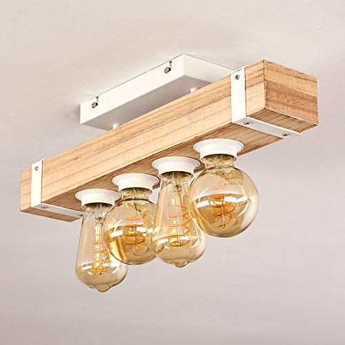 Lámpara de techo Torrevieja, de metal y madera en color blanco natural, 4 focos, 4 casquillos E27, máx. 30 W, foco con vigas de madera, diseño retro vintage