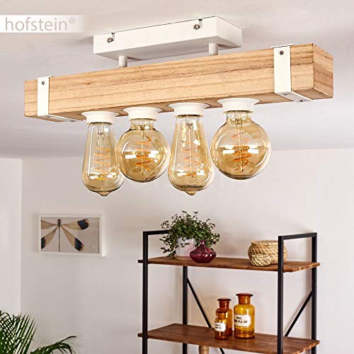 Lámpara de techo Torrevieja, de metal y madera en color blanco natural, 4 focos, 4 casquillos E27, máx. 30 W, foco con vigas de madera, diseño retro vintage