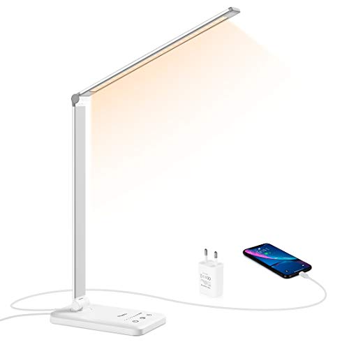 Lámpara LED Escritorio Flauno Flexo LED Escritorio Regulable con Puerto USB, 5 Modos, 10 Niveles de Brillo, Temporizador, Función de Memoria, Protege los Ojos
