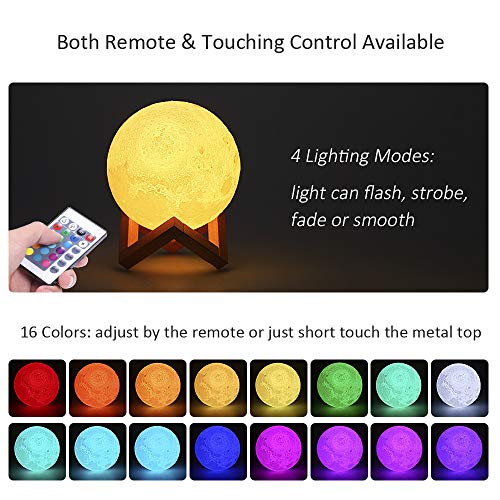 Lámpara Luna 3D,Tomshine 15cm Lámpara Mesilla de Noche,16 Colores y 4 Modos de Iluminación,Brillo Regulable Recargable USB,Control Remoto y Control Táctil,Regalo Navidad para Mujer,Amigas,Niños
