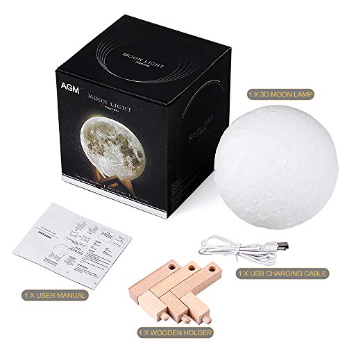 Lámpara Luna, AGM 3D 15cm Luz de Luna LED Conexión USB con 2 Colores Blanco + Amarillo Control Táctil, Lámpara de Noche Nocturna Ambiente para Regalo de Fiesta Decoración