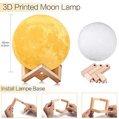 Lámpara Luna, AGM 3D 15cm Luz de Luna LED Conexión USB con 2 Colores Blanco + Amarillo Control Táctil, Lámpara de Noche Nocturna Ambiente para Regalo de Fiesta Decoración