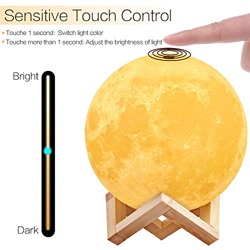 Lámpara Luna, AGM 3D 15cm Luz de Luna LED Conexión USB con 2 Colores Blanco + Amarillo Control Táctil, Lámpara de Noche Nocturna Ambiente para Regalo de Fiesta Decoración
