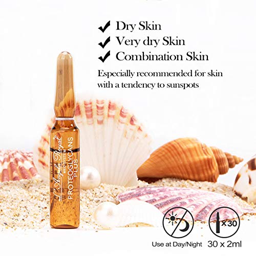 L'Angela Royal Ampollas Proteglycans Plus, Fórmula Hidratante, Con Proteoglicanos, Vitamina C, Ácido Hialurónico, Piel Luminosa, Reduce Manchas, Tratamiento Facial, Para Piel Seca y Mixta, 5 x 2ml