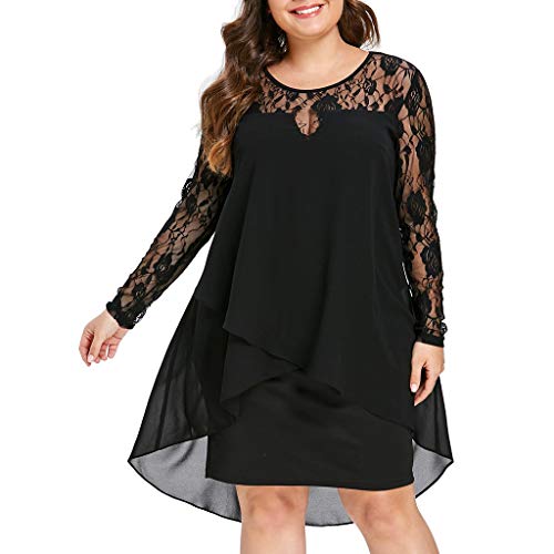 Lanskirt Vestidos de Encaje Transparente de Talla Grande para Mujer de Moda Vestido de Manga Larga con bajo Dobladillo O-Cuello Swing S-XXXXXL