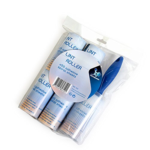 LaundrySpecialist® Rodillo QUITAPELUSAS con 4 RECARGAS para Eliminar fácilmente el Pelo y la Pelusa de Todo Tipo de Tejidos - 55 láminas Adhesivas en Forma de Espiral/Aprox. 8 Metros por Rollo