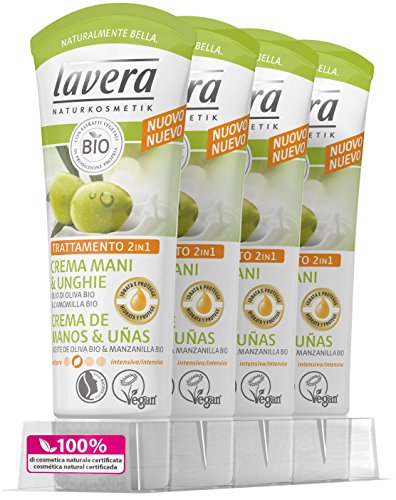 Lavera Crema de Manos y Uñas con Aceite de Oliva Bio y Manzanilla - vegano - cosméticos naturales 100% certificados - cuidado de la piel - 4 Recipientes de 75 ml