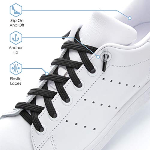 Leazy Flat, Cordones Elásticos Planos Unisex, Negro, Talla M(Hasta 5 Ojales Por Lado)