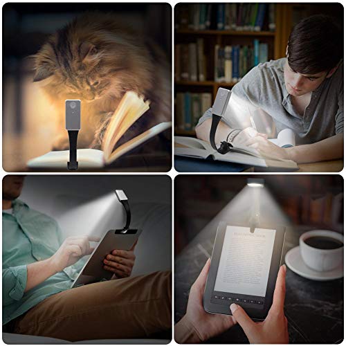 LED Lampara de lectura, LSNDEE Luz de Libro USB Recargable, Luz de Noche, Cuidado de Los ojos, 3 Modos de Clip de Brillo en el Libro, 360 ° Flexible, Cama Portátil Con iluminación (Plateado)