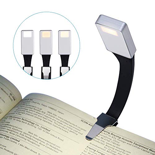 LED Lampara de lectura, LSNDEE Luz de Libro USB Recargable, Luz de Noche, Cuidado de Los ojos, 3 Modos de Clip de Brillo en el Libro, 360 ° Flexible, Cama Portátil Con iluminación (Plateado)
