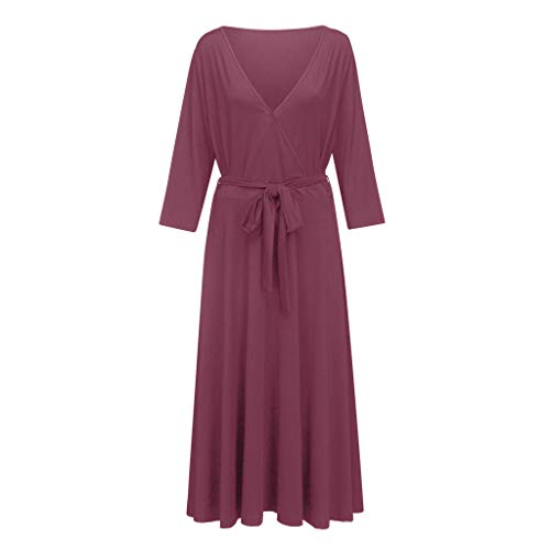 LEEDY Retro De Las Mujeres De Color SóLido De Gran TamañO con Cuello En V Elegante Cintura Corbata Gran Swing Banquete Vestido Largo