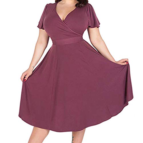 LEEDY Retro De Las Mujeres De Color SóLido De Gran TamañO con Cuello En V Elegante Cintura Corbata Gran Swing Banquete Vestido Largo