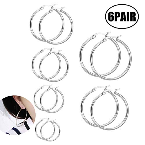 LEEQ 6 Pares Aro de Acero Inoxidable Set de Pendiente Aro de Oreja Anilla de Oído Redondo, 6 Tamaños（-）