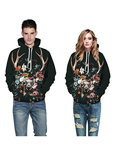 Leezeshaw - Sudadera con capucha unisex, color negro y blanco, con estampado de león en 3D, para hombre, con funda de canguro, S-3XL Ciervo Flor XXL