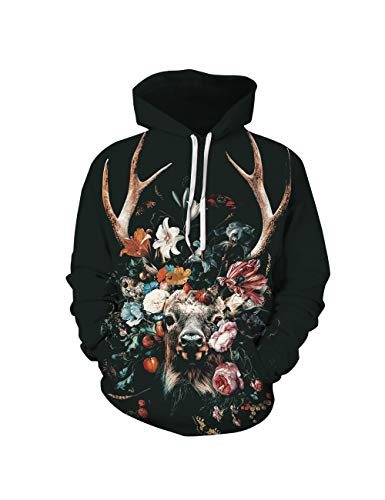 Leezeshaw - Sudadera con capucha unisex, color negro y blanco, con estampado de león en 3D, para hombre, con funda de canguro, S-3XL Ciervo Flor XXL