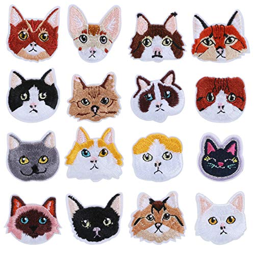 LEMESO 16 piezas Ropa Parches de Gatos Lindos Material de Costura Adornos para Ropa DIY Diseño Parches Termoadhesivos Apliques Animales Decoraciones