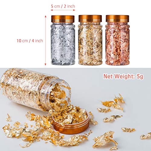 LEMESO 3 botellas Copos Dorados Hojuela de Lámina Plateado Color Oro Rosa de Imitación para Manualidades, Arte de uñas, joyería de resina, pintura acrílica, fabricación de limo, marco de fotos