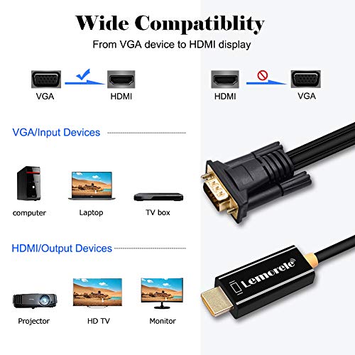 Lemorele Cable VGA a HDMI Adaptador VGA a HDMI 180cm 1080P 60Hz Conversor con Audio 3,5mm para Conectar Computadora Portátil, PC, TV Box, con Salida VGA a Monitor, TV, Proyector con Entrada HDMI