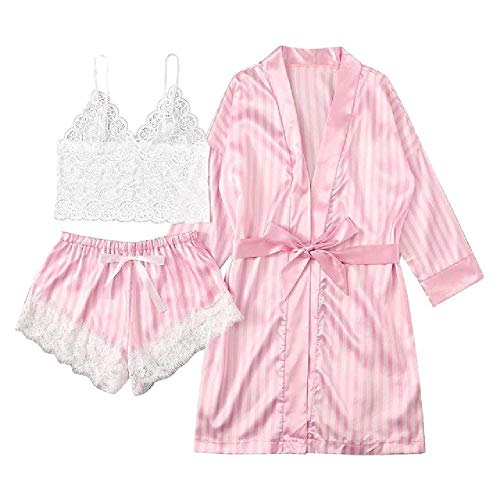 Lencería sexy de las Mujeres de Encaje Satén Inalámbrico Sujetador Camisola Pantalones Cortos Pijamas Ropa de Dormir Raya Robe Femenino Ropa Rosa rosa S