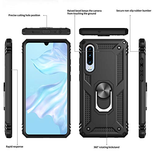LeYi Funda Huawei P30 Armor Carcasa con 360 Anillo iman Soporte Hard PC y Silicona TPU Bumper antigolpes Fundas Carcasas Case para movil P30 con HD Protector de Pantalla,Negro