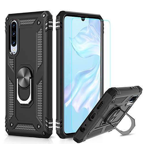 LeYi Funda Huawei P30 Armor Carcasa con 360 Anillo iman Soporte Hard PC y Silicona TPU Bumper antigolpes Fundas Carcasas Case para movil P30 con HD Protector de Pantalla,Negro